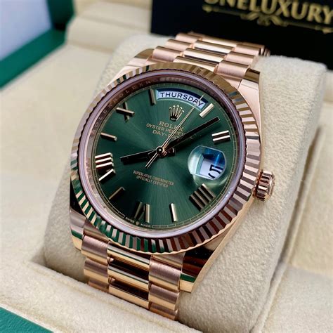 rolex rose gold olive day date|rolex day date 40 price.